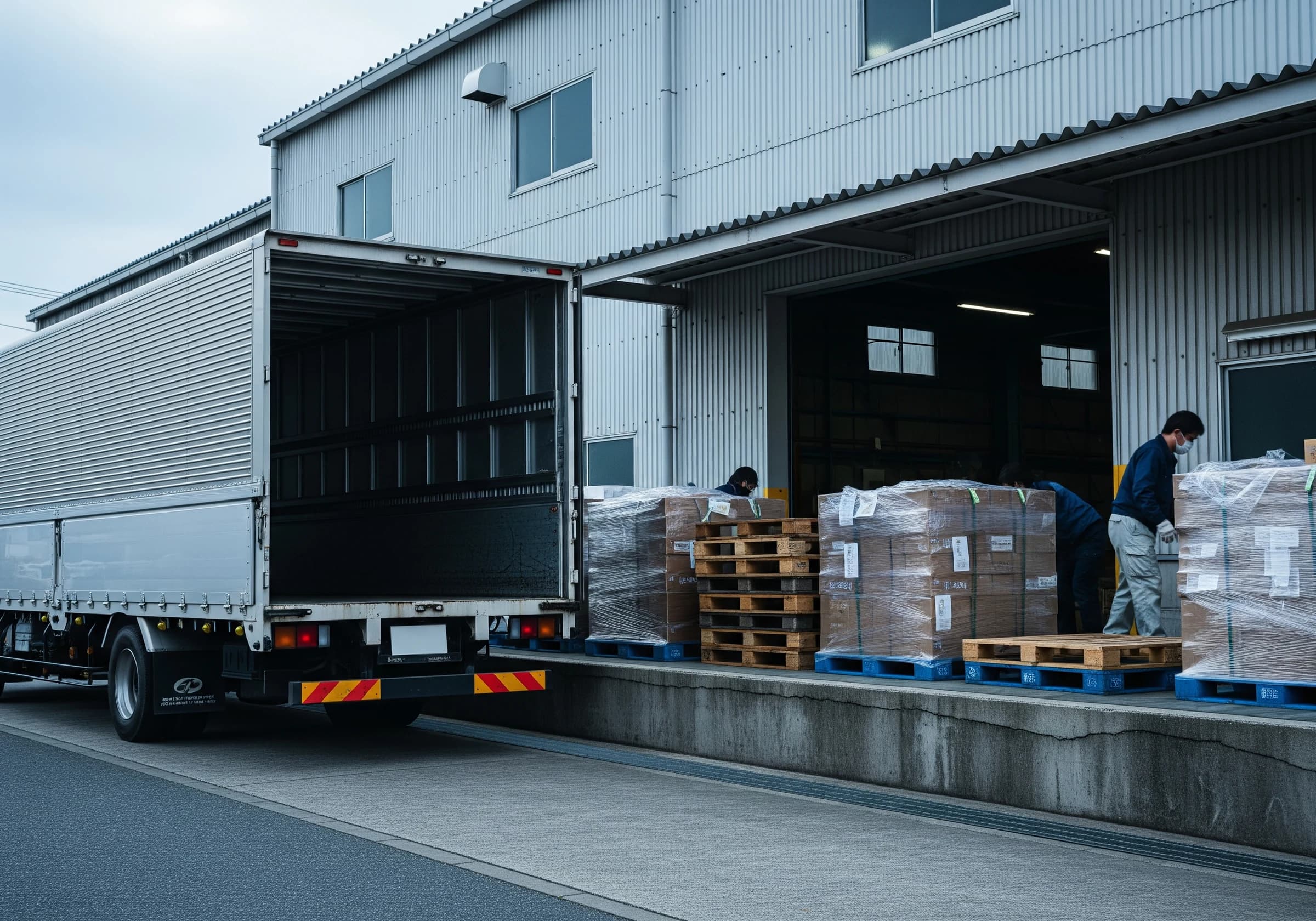 工場の荷積みドックに横付けされたトラック